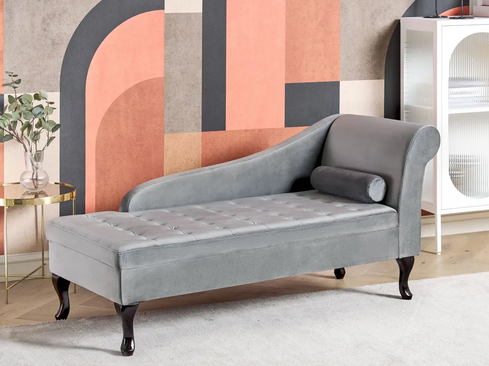 Right Hand Veludo Chaise Lounge Storage Light Grey PESSAC com Regulagem de Altura
