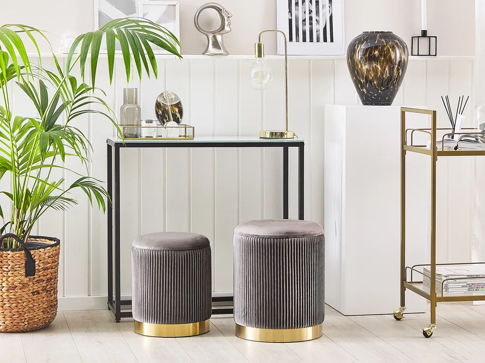Set 2 Velvet Storage Pouffes Grey MIRAMAR