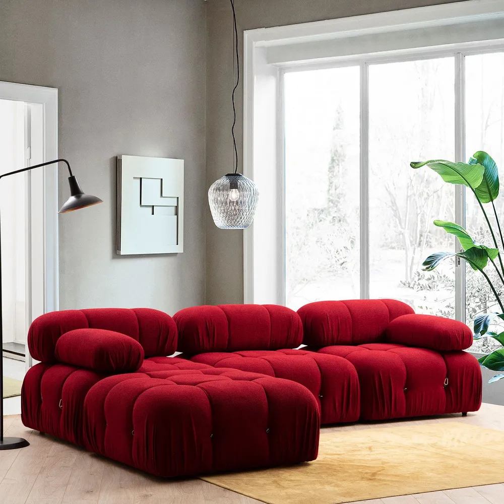 Sofá de canto personalizável de 3 lugares com puff Nourhane Tecido Vermelho