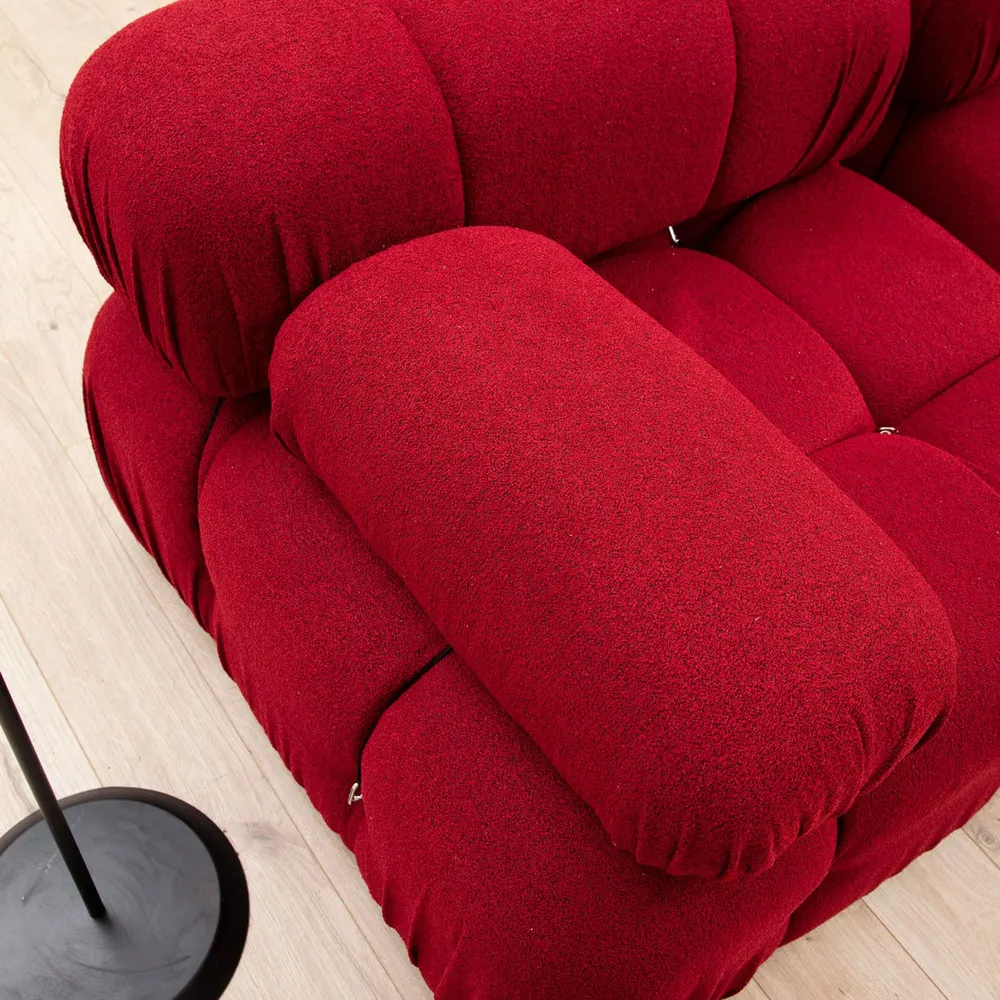 Sofá de canto personalizável de 3 lugares com puff Nourhane Tecido Vermelho