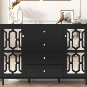 Argola de Cortina Aparador com 2 portas em espelho e 4 gavetas em MDF - puxadores cristal - lacado preto