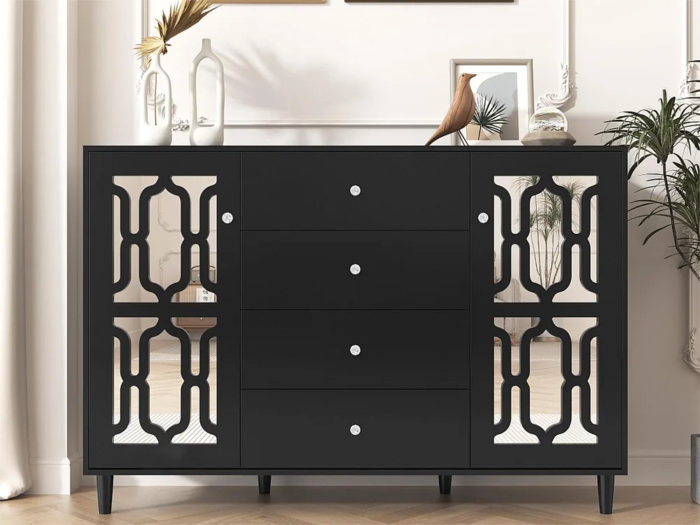 Argola de Cortina Aparador com 2 portas em espelho e 4 gavetas em MDF - puxadores cristal - lacado preto