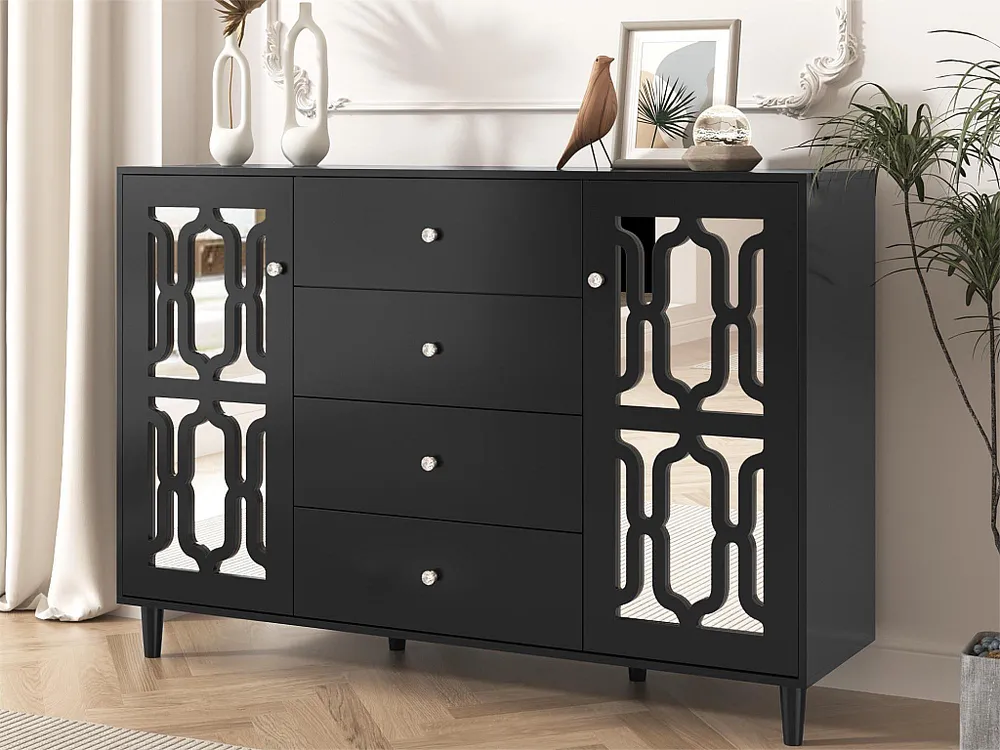 Argola de Cortina Aparador com 2 portas em espelho e 4 gavetas em MDF - puxadores cristal - lacado preto