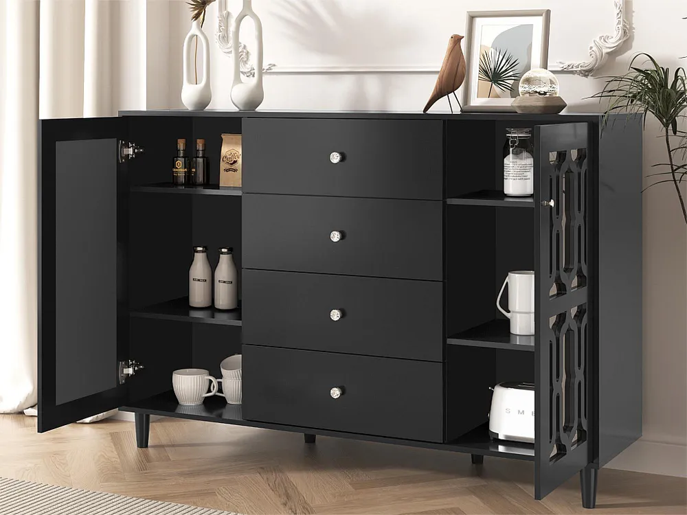 Argola de Cortina Aparador com 2 portas em espelho e 4 gavetas em MDF - puxadores cristal - lacado preto