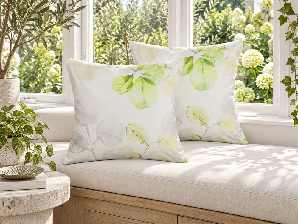 Conjunto 2 almofadas decorativas brancas com folhas verdes 45 x 45 cm PEPEROMIA