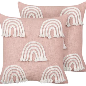 Conjunto de 2 almofadas decorativas com bordado de arco-íris em algodão rosa 45 x 45 cm LEEA