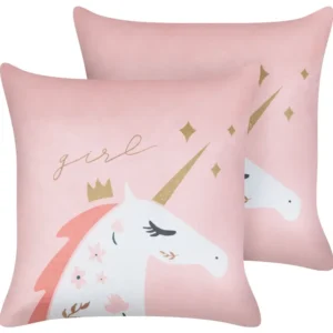 Conjunto de 2 almofadas decorativas com motivo de unicórnio em veludo rosa 45 x 45 cm UNIOLA