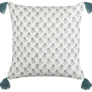Cotton Cushion Floral Pattern Tassels 45 x 45 cm White and Blue CORNUS
