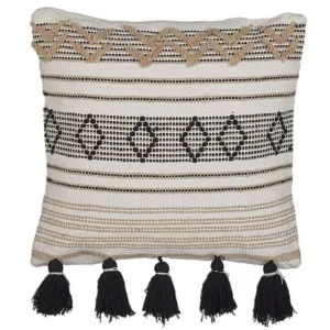 Cotton Cushion Geometric Pattern Tassels 45 x 45 cm Beige and Black SAMBUCUS