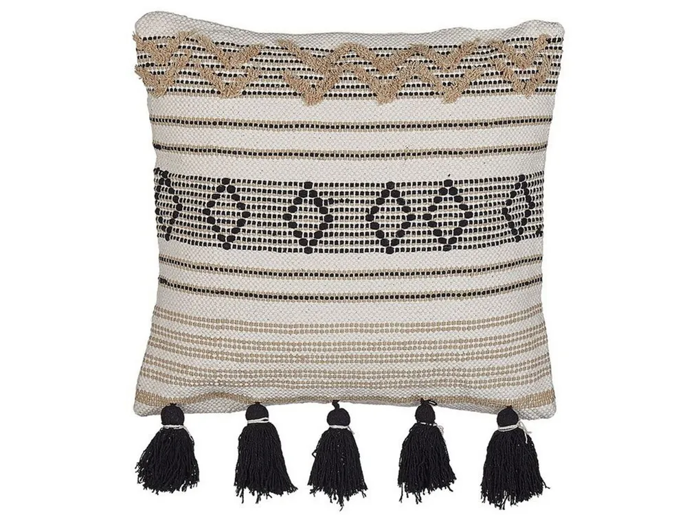 Cotton Cushion Geometric Pattern Tassels 45 x 45 cm Beige and Black SAMBUCUS