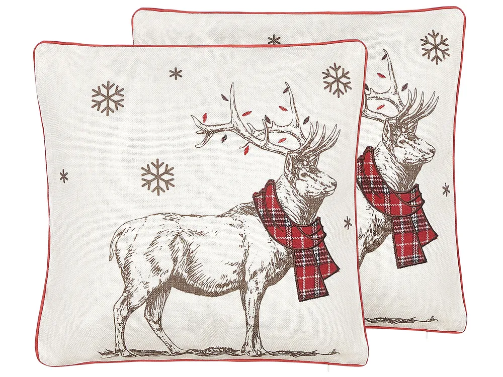 Set 2 Cushions Reindeer Motif 45 x 45 cm Rubro and White SVEN