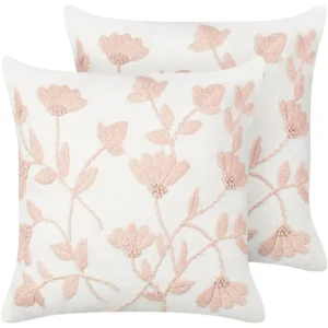 Set 2 Embroidered Em algodão Cushions Floral Pattern 45 x 45 cm White and Pink LUDISIA