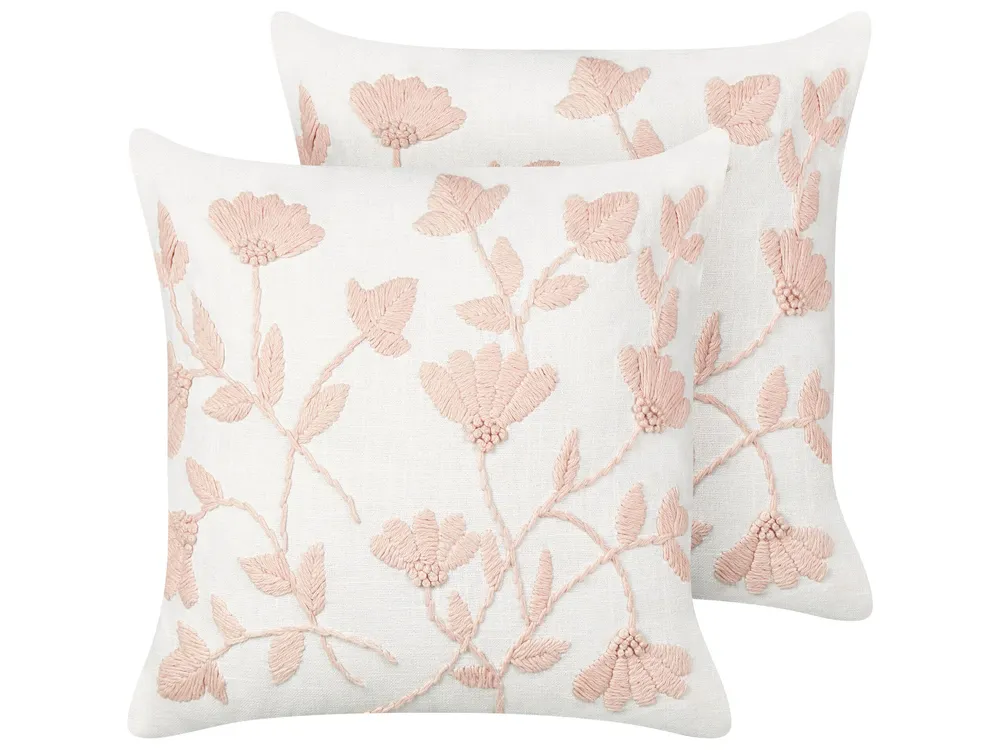 Set 2 Embroidered Em algodão Cushions Floral Pattern 45 x 45 cm White and Pink LUDISIA