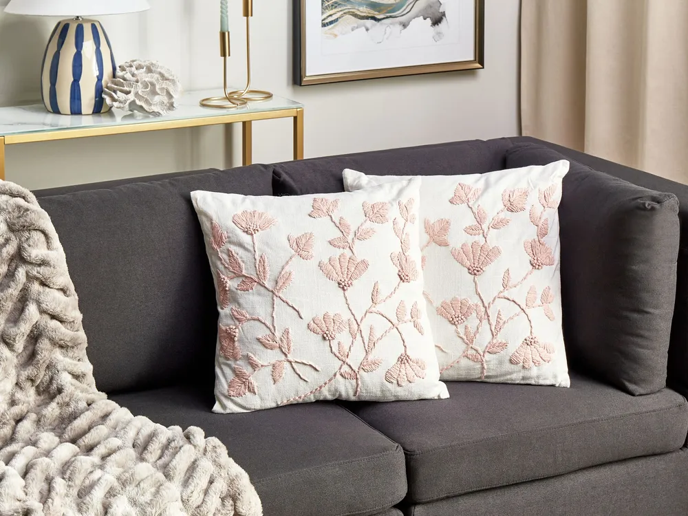 Set 2 Embroidered Em algodão Cushions Floral Pattern 45 x 45 cm White and Pink LUDISIA