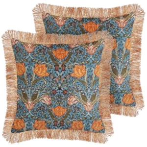 Set 2 Veludo Fringed Cushions Flower Pattern 45 x 45 cm Blue and Orange MITELLA