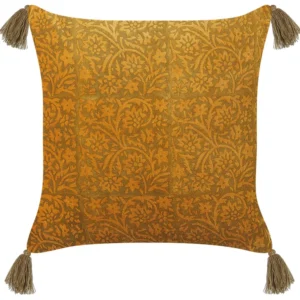 Velvet Cushion Floral Pattern Tassels 45 x 45 cm Yellow RHEUM