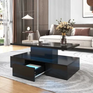 Mesa de centro - 1 gaveta e 2 prateleiras - aglomerado - LEDs - preto resplandecente para Sala de Estar