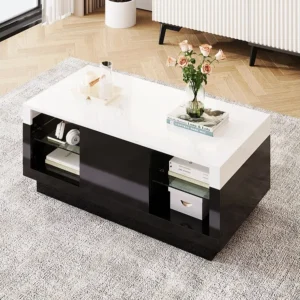 Quadro-Relógio Mesa de centro com 2 prateleiras de vidro e gaveta - 100 x 50 x 42 cm - LEDs - Aglomerado - Preto e branco