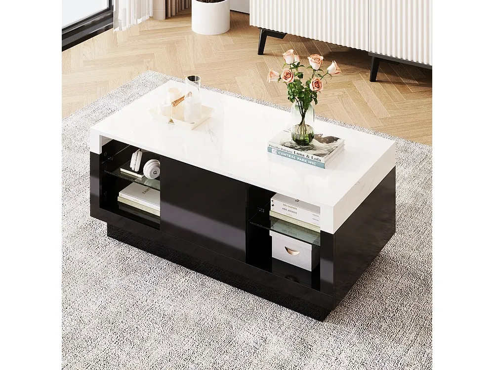 Quadro-Relógio Mesa de centro com 2 prateleiras de vidro e gaveta - 100 x 50 x 42 cm - LEDs - Aglomerado - Preto e branco