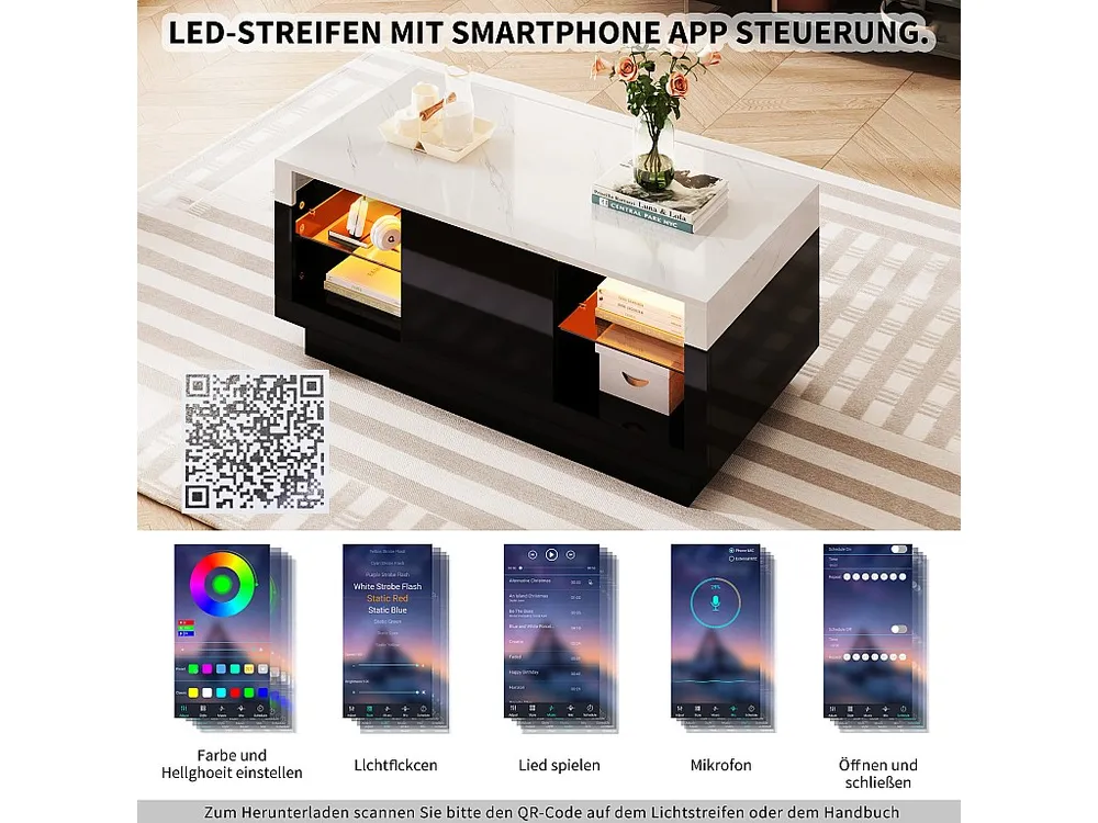 Quadro-Relógio Mesa de centro com 2 prateleiras de vidro e gaveta - 100 x 50 x 42 cm - LEDs - Aglomerado - Preto e branco