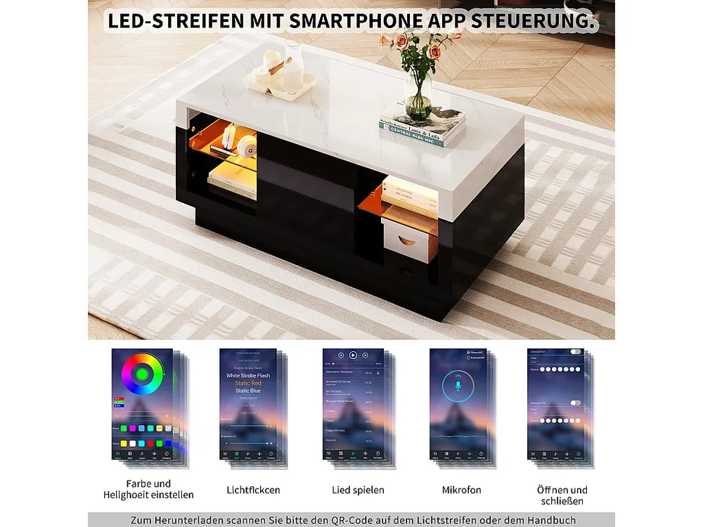 Quadro-Relógio Mesa de centro com 2 prateleiras de vidro e gaveta - 100 x 50 x 42 cm - LEDs - Aglomerado - Preto e branco