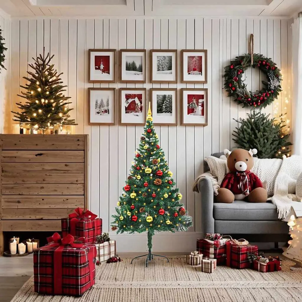 Planta de Parede Artificial Árvore de Natal artificial pré-iluminada + enfeites 150cm verde
