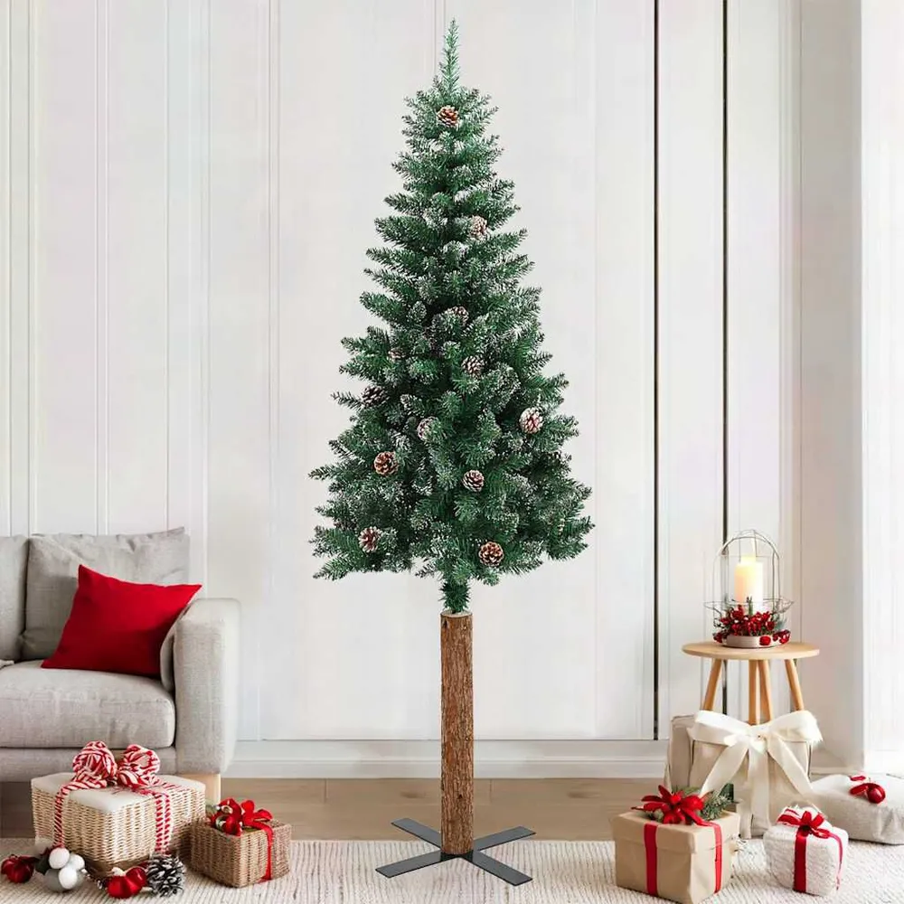 Árvore de Natal fina madeira genuína e neve branca 210 cm verde Ideal para Decoração de Casa