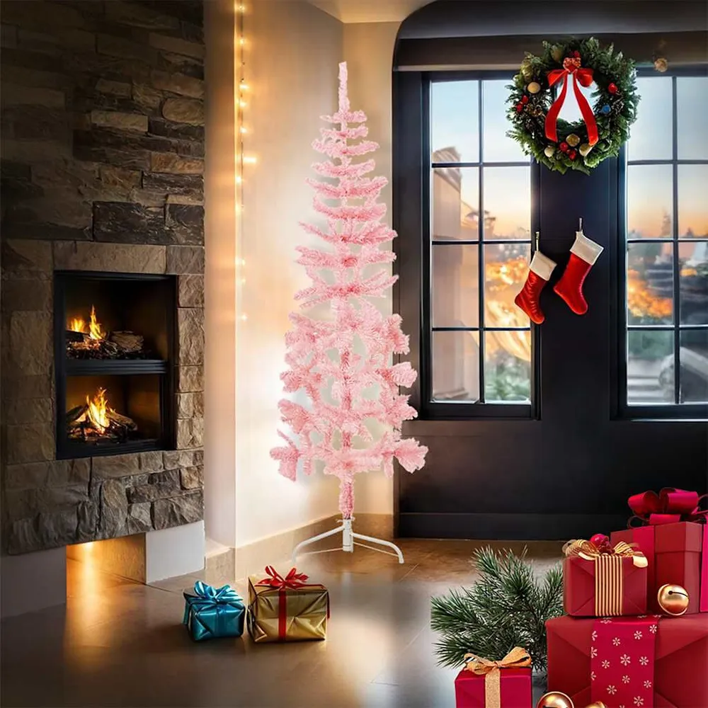 Meia árvore de Natal fina com suporte 180 cm rosa vidaXL