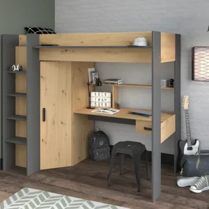 Cama alta com secretária e armário 90 x 200 cm carvalho e antracite. AUCKLAND com Montagem Inclusa