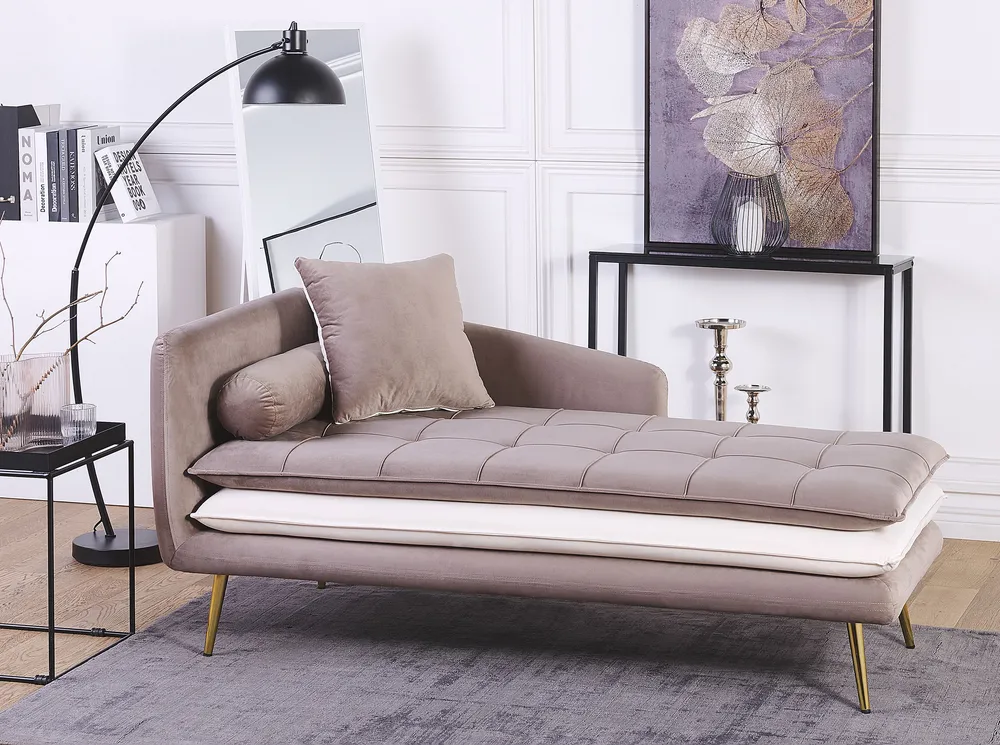 Chaise-longue em veludo castanho e branco à esquerda GONESSE Montagem sem Ferramentas