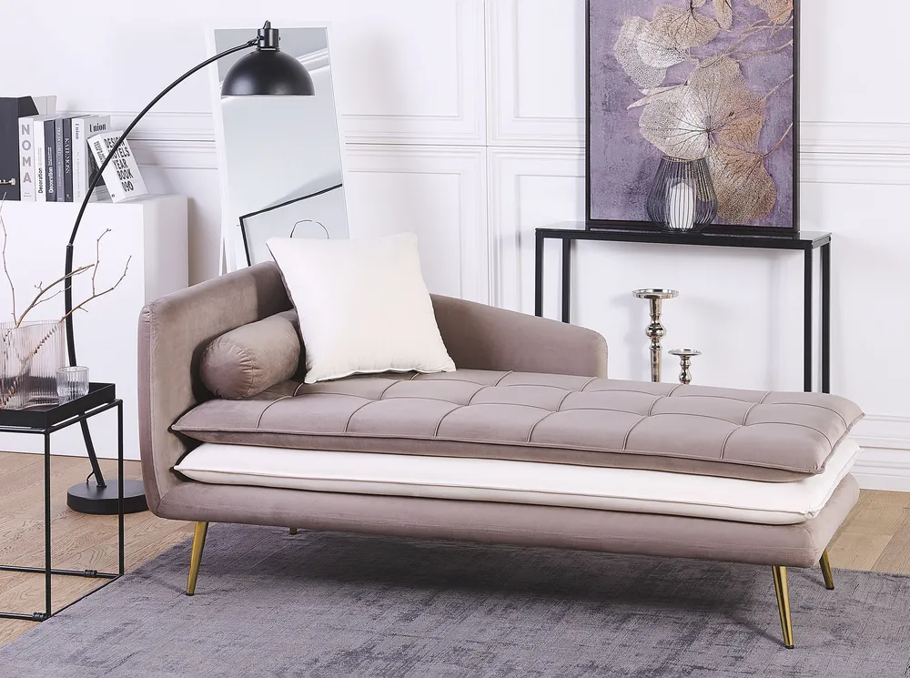 Chaise-longue em veludo castanho e branco à esquerda GONESSE Montagem sem Ferramentas