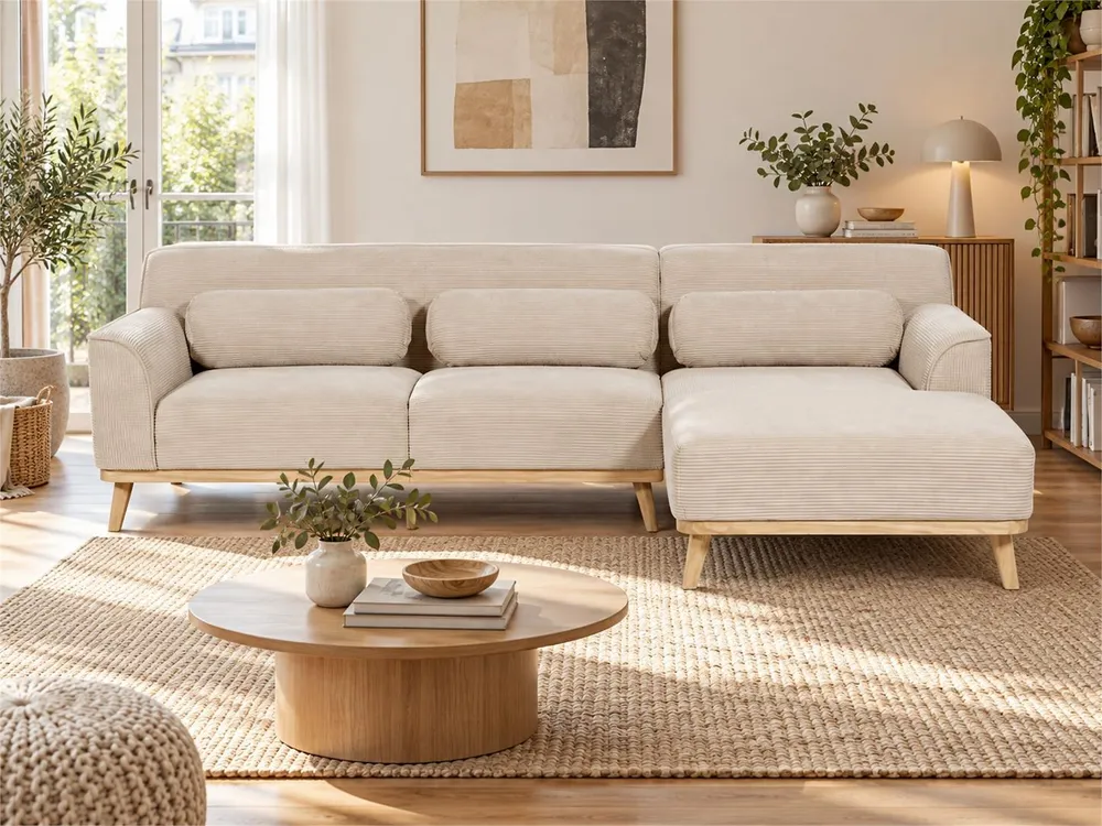 Left Hand Enorme Cord Corner Sofa Beige SIMOS