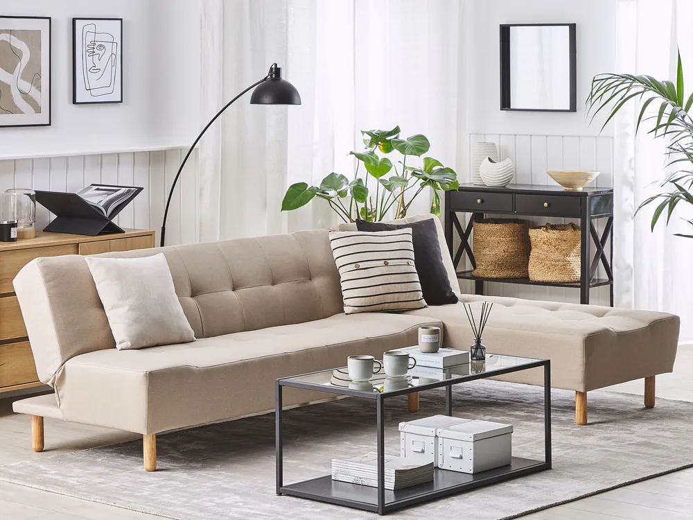 Left Hand Fabric Corner Sofa Bed Bege claro ALSTEN