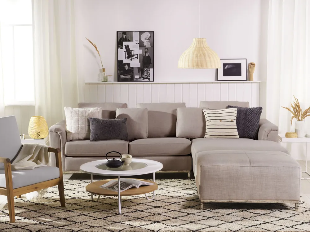 Left Hand Fabric Corner Sofa Ottoman Cor creme OSLO Compatível com TV de 65"