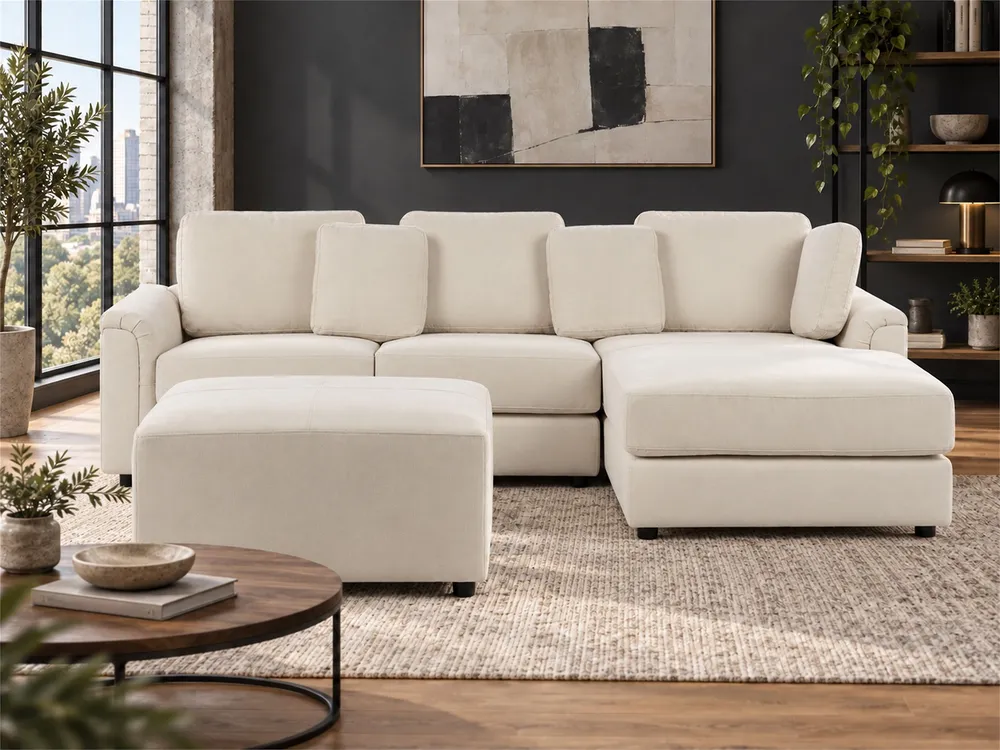 Left Hand Fabric Corner Sofa Ottoman Light Cor creme KOHLO