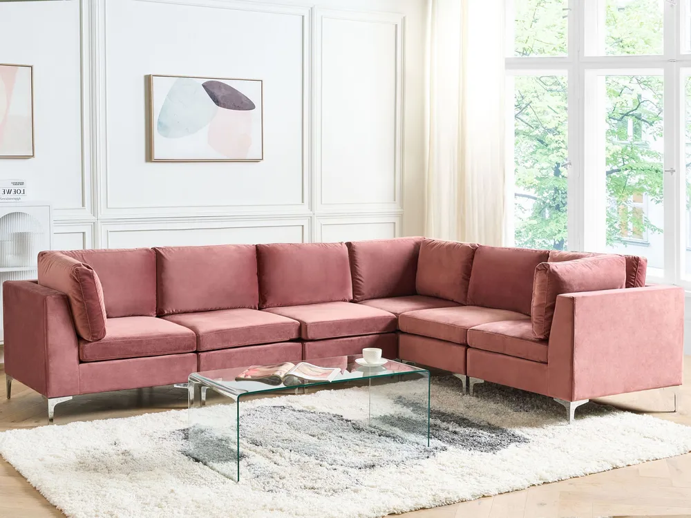 Left Hand 6 Seater Modular Veludo Corner Sofa Pink EVJA