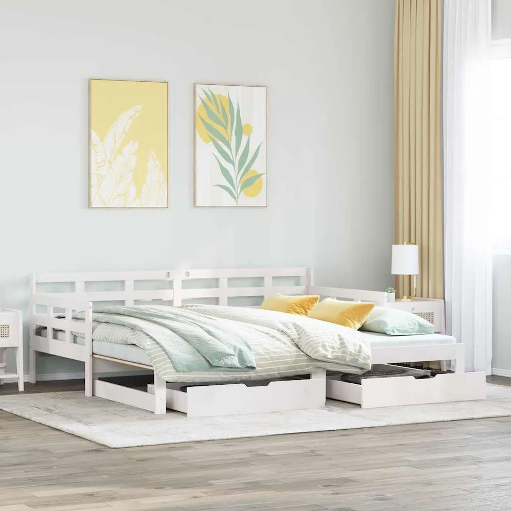 Madeira Maciç Sofá-cama com gavetão e gavetas sem colchão 90x200 cm branco
