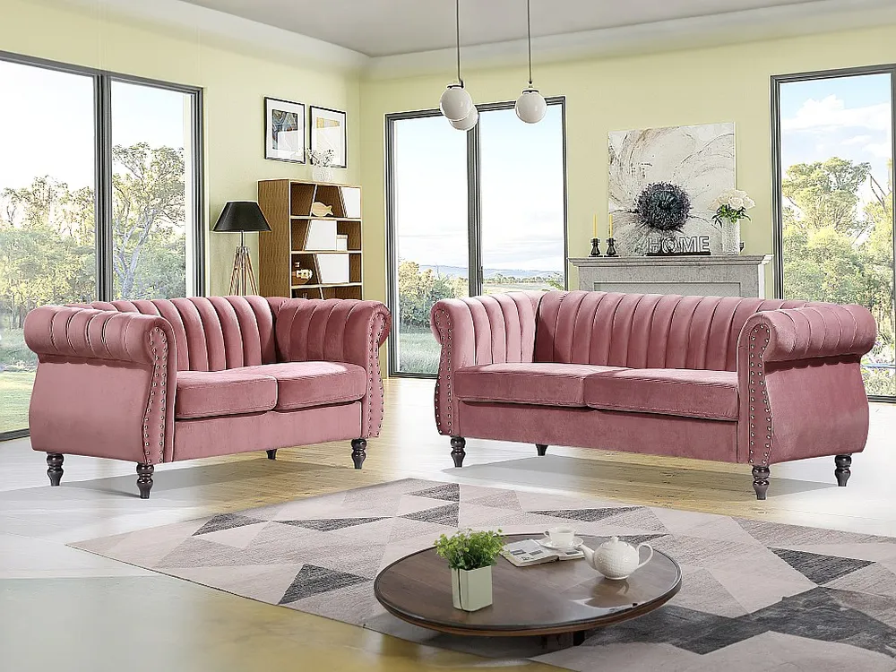 Poltrona Reclinável Sofás Chesterfield 3 lugares e 2 lugares em veludo cor-de-rosa veterano TRUMBO