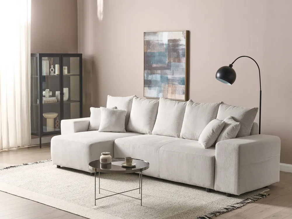 Right Hand Jumbo Cord Corner Sofa Bed Storage Light Bege claro LUSPA