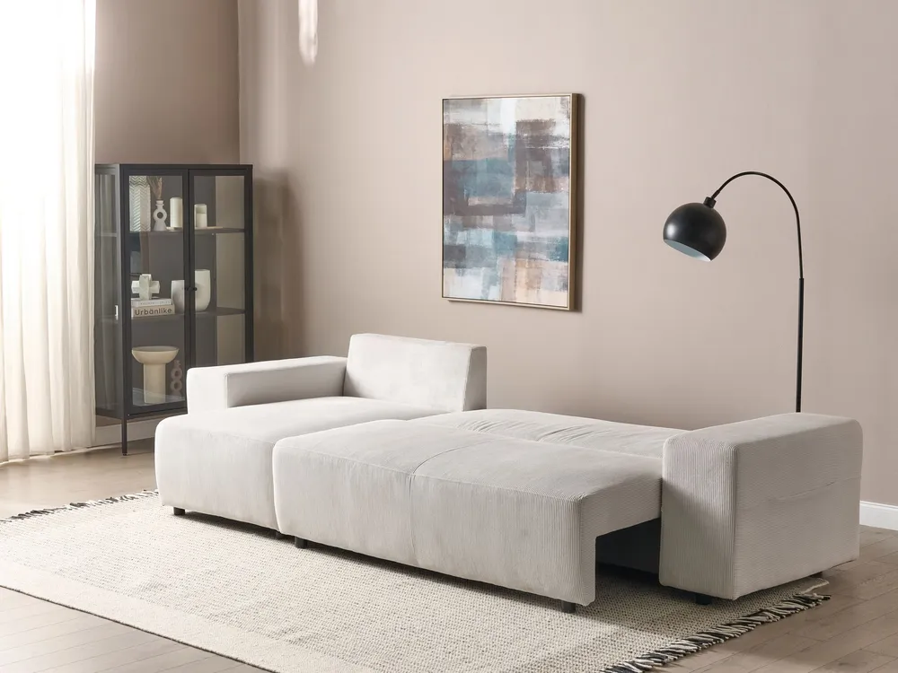 Right Hand Jumbo Cord Corner Sofa Bed Storage Light Bege claro LUSPA