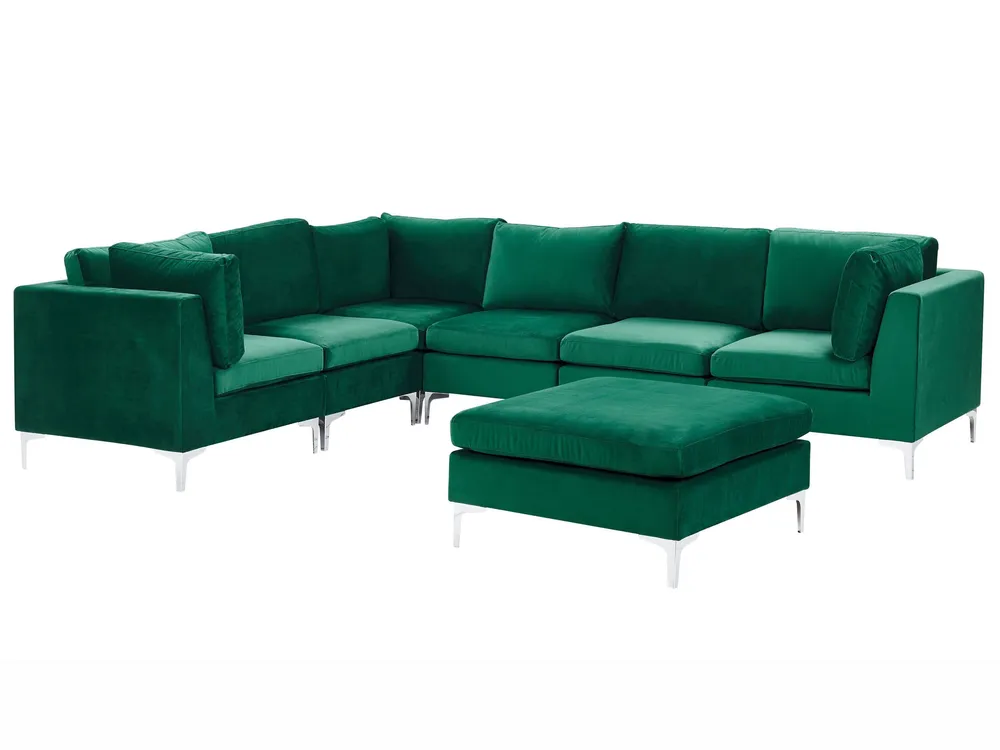 Right Hand 6 Seater Modular Flanela Corner Sofa Ottoman Green EVJA