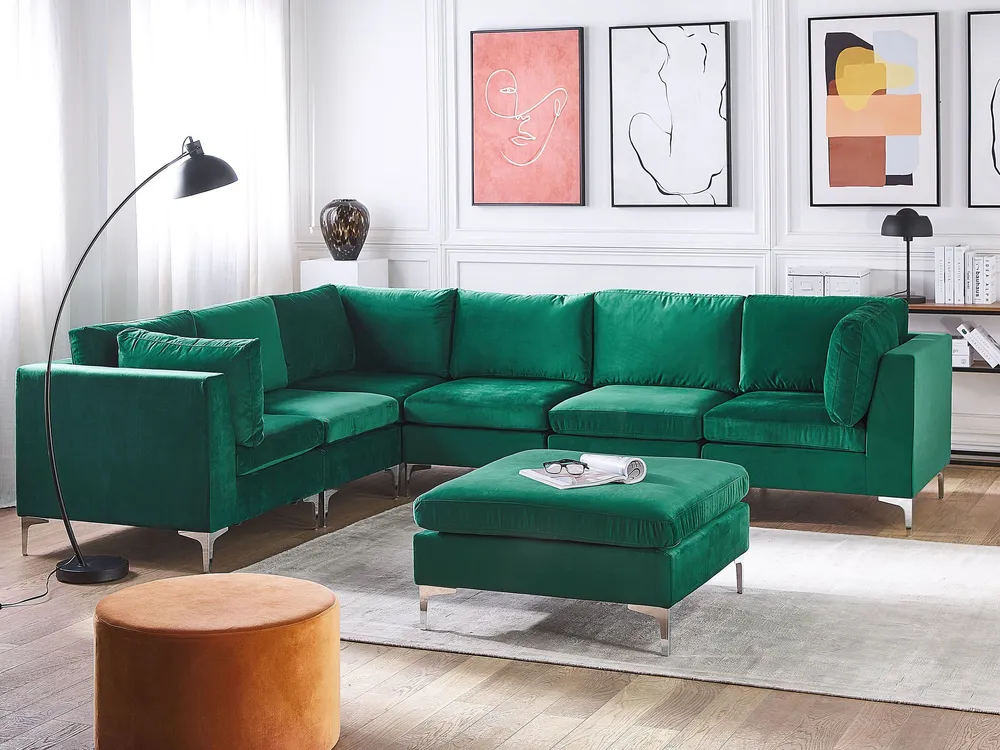 Right Hand 6 Seater Modular Flanela Corner Sofa Ottoman Green EVJA