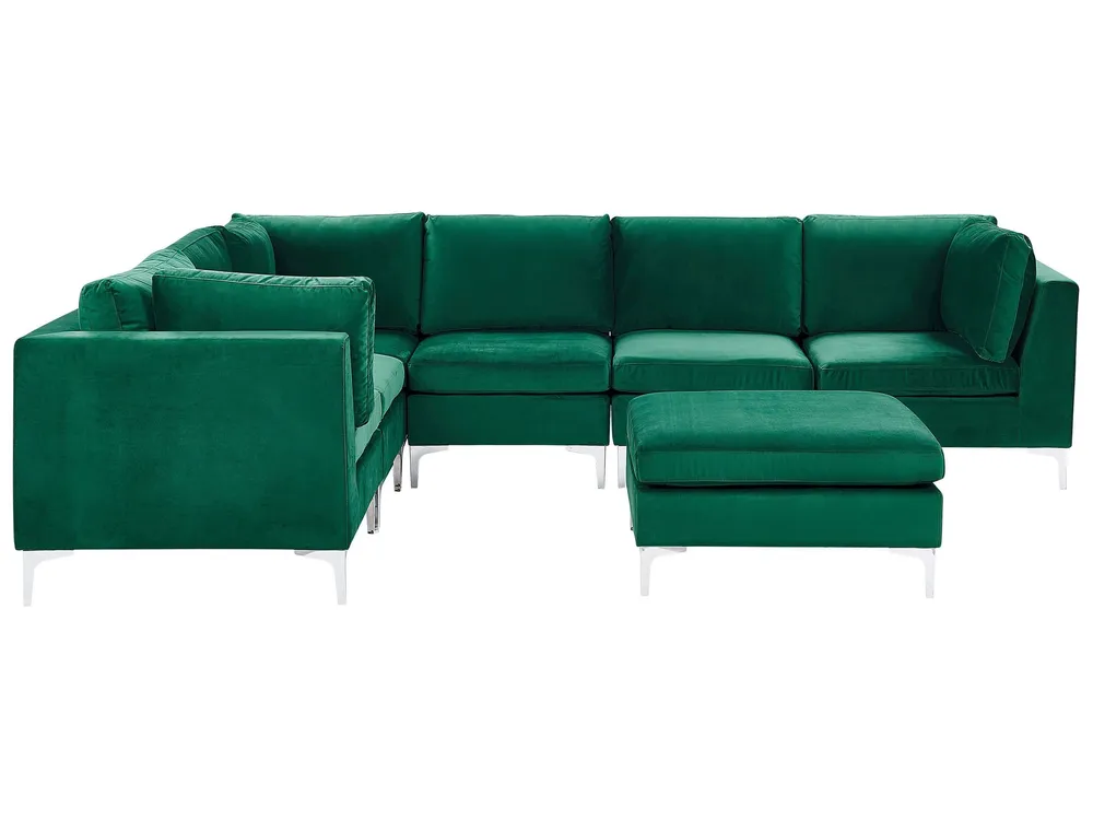 Right Hand 6 Seater Modular Flanela Corner Sofa Ottoman Green EVJA