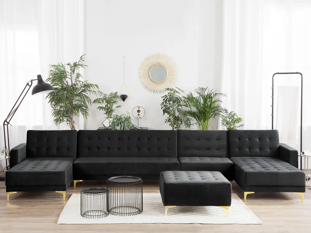 6 Seater U-Shaped Em módulos Velvet Sofa Ottoman Black ABERDEEN