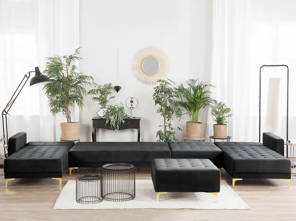 6 Seater U-Shaped Em módulos Velvet Sofa Ottoman Black ABERDEEN