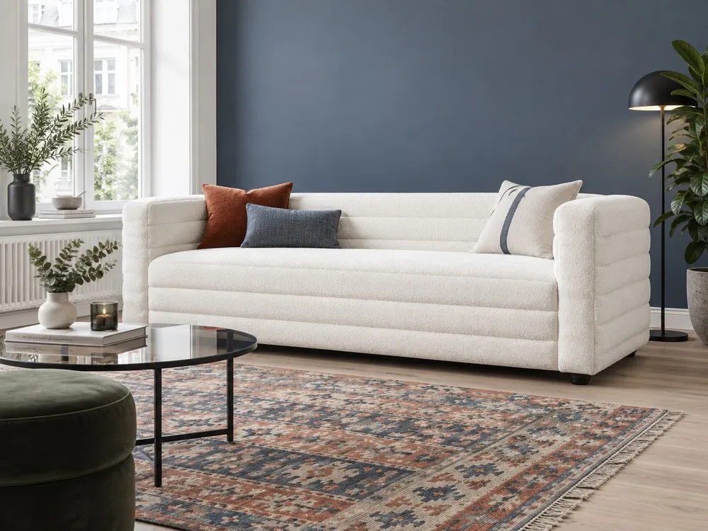 Sofá de 3 lugares em tecido bouclé branco-creme HOFN com Espaço para Lenha