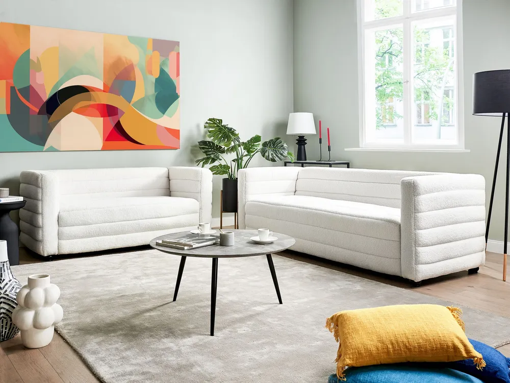 Sofá de 3 lugares em tecido bouclé branco-creme HOFN com Espaço para Lenha