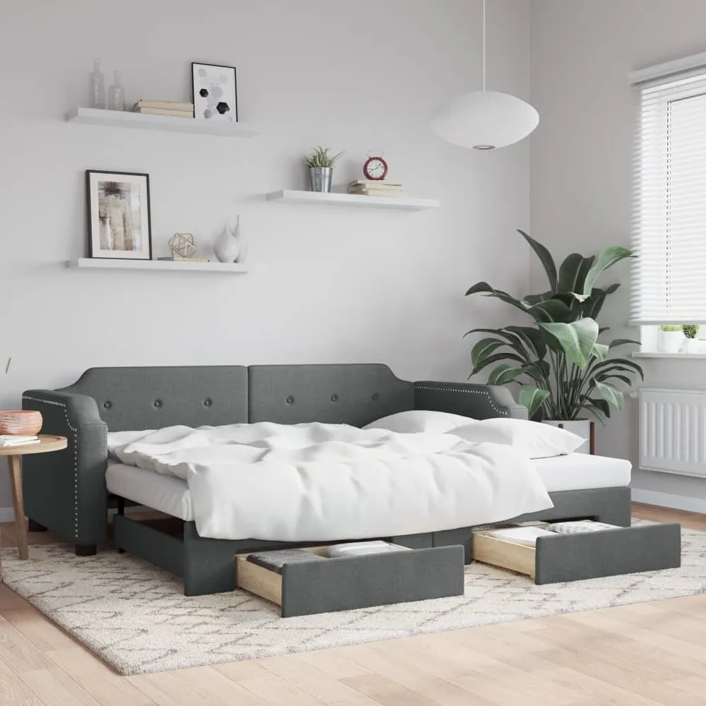 Sofá-cama com gavetão e gavetas 90x200 cm tecido cinzento-escuro com Garantia de 2 Anos