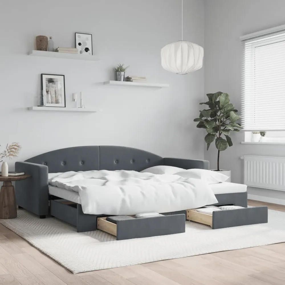 Sofá-cama com gavetão e gavetas 90x200 cm veludo cinzento-escuro 3 Lugares