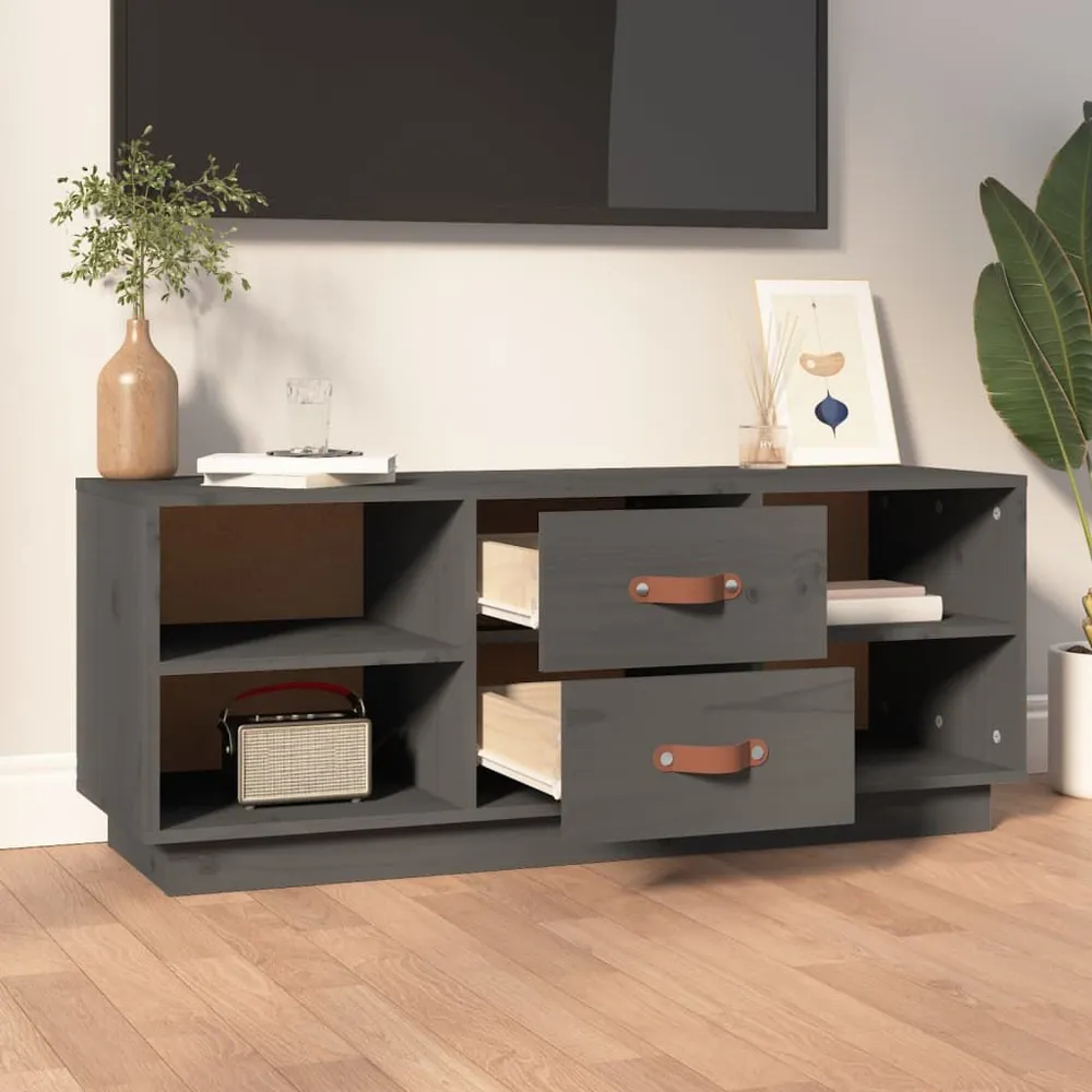 Móvel de TV 100x34x40 cm madeira de pinho maciç cinzento com Fios Organizados